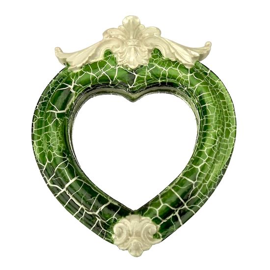 Moldura Coração Colonial Cantoneira com Espelho Verde e Branco Craquelê 13,5x9,2cm - Resina