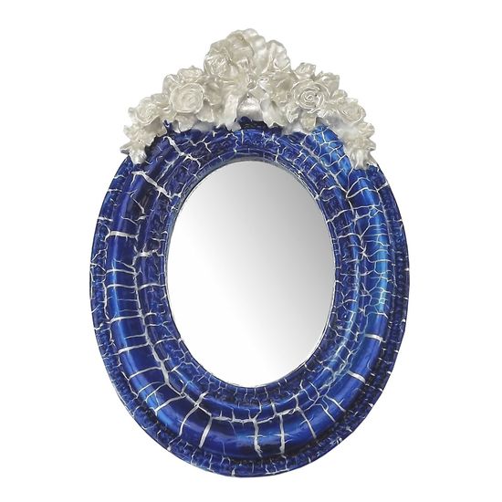 Moldura Provençal Oval Rosas com Laço com Espelho Azul e Branco Craquelê 9,5x14cm - Resina