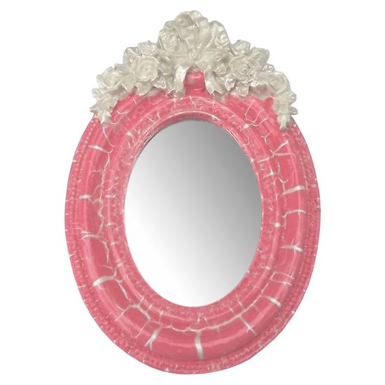 Moldura Provençal Oval Rosas com Laço com Espelho Rosa e Branco Craquelê 9,5x14cm - Resina