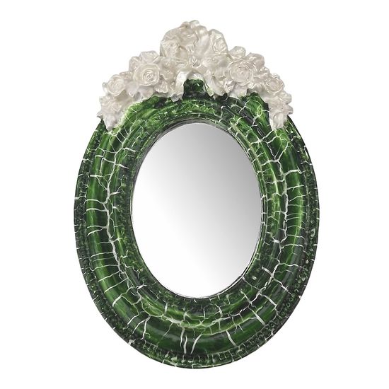 Moldura Provençal Oval Rosas com Laço com Espelho Verde e Branco Craquelê 9,5x14cm - Resina