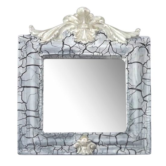Moldura Provençal Retrato Cantoneira com Espelho Branco e Cinza Craquelê 13,5x11cm - Resina