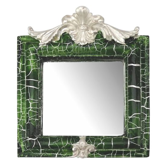 Moldura Provençal Retrato Cantoneira com Espelho Verde e Branco Craquelê 13,5x11cm - Resina