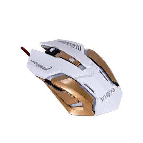 Mouse Gamer Inova com Fio e Sensor Óptico - Branco e Dourado