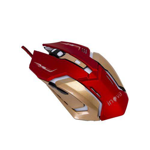 Mouse Gamer Inova com Fio e Sensor Óptico-Vermelho e Dourado