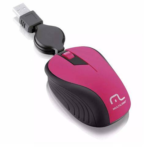 Mouse Óptico Retrátil Multilaser 1200dpi USB Rosa