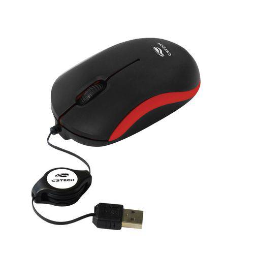 Mouse Retrátil 1000dpi Preto e Vermelho Usb Ms-15rd C3 Tech Plus