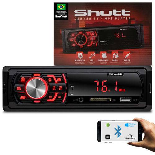 Mp3 Player Automotivo 1 Din Bluetooth Usb Sd Auxiliar P2 Rádio Fm Audio Streaming Shutt Denver Bt
