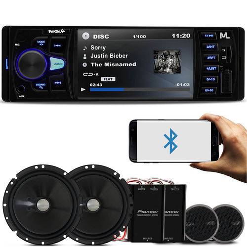 Mp5 Player Multilaser Rock 4 P3325 1 Din 4" + Kit 2 Vias Pioneer Ts-c170br 6" 120w Rms