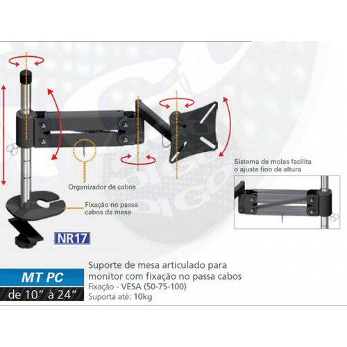 Mt Pc Suporte de Mesa Articulado com Inclinação para Monitor Lcd/led de 10" a 24" (passa Cabos)