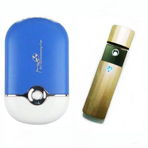 Nano Spray Vapor Dourado e Mini Ventilador P/ Alongamento de Cílios Azul