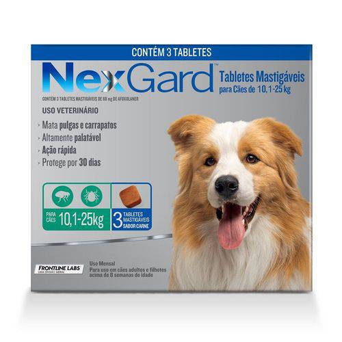 Nex Gard - Antipulgas e Carrapatos - Cães de 10,1 a 25 Kg - 3 Tabletes