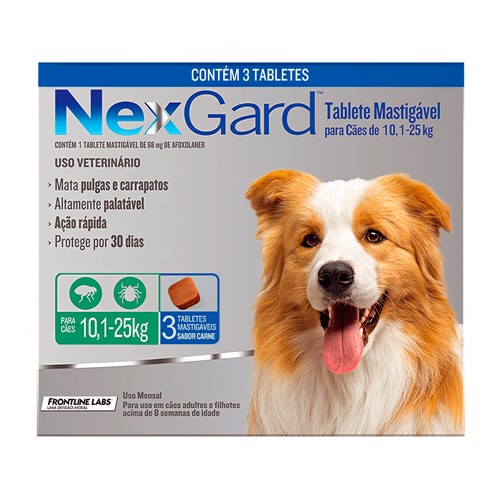 NexGard Contra Pulgas e Carrapatos para Cães de 10,1 a 25kg com 3 Tabletes Mastigáveis