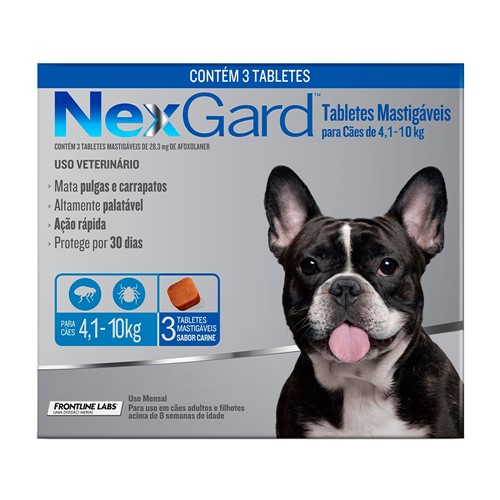 NexGard Contra Pulgas e Carrapatos para Cães de 4,1 a 10kg com 3 Tabletes Mastigáveis