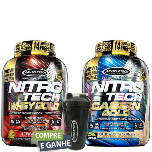 Nitro Tech Whey Gold 2.51kg + Nitro Tech Caseina Gold 2,2kg + Coqueteleira