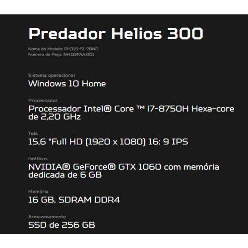 Novo Notebook Acer Predator,intel I7 8ª Geraçao 16gb Ddr4, Ssd 256gb,tela 15,6" 144hz, Gtx 1060 6gb