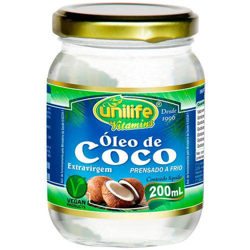 Óleo de Coco Extra Virgem Prensado a Frio 200ml Unilife