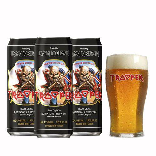 Pack 3 Cervejas Inglesa Trooper Iron Maiden 500ml Lata + Copo