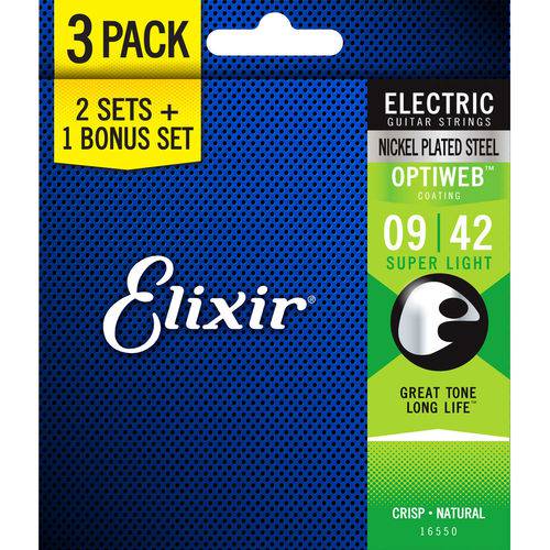 Pack de Encordoamentos Guitarra Elixir 009-042 Optiweb Super Light - Leve 3 Pague 2 Bonus Pack