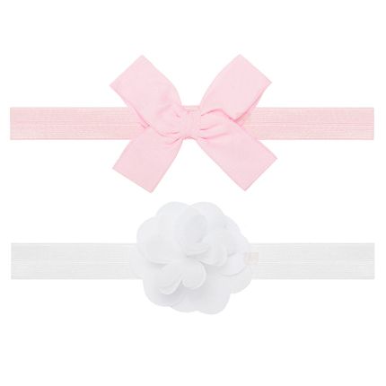 Pack: 2 Faixas de Cabelo para Bebê Laço Rosa & Flor Branca - Puket