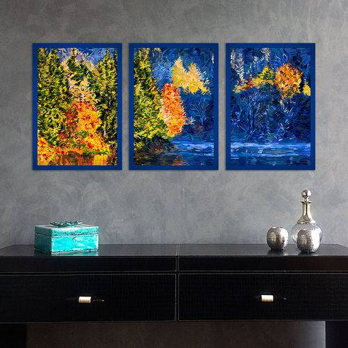 3 Painéis Decorativos 38x54cm Cada - Pintura Digital - Paisagem Azulada com Margem - 38540165