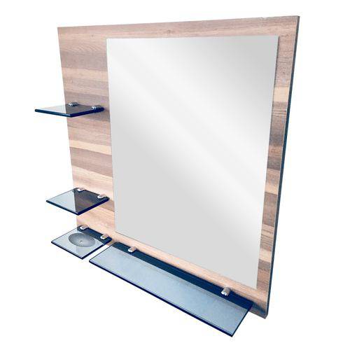 Painel Mdf Espelheira Canela da Índia com Espelho 40x50 Cm e Prateleiras em Vidro Fumê 8mm – Madglas