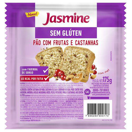 Pão Sem Glúten FRUTAS e CASTANHAS Fatiado - Jasmine - 175g