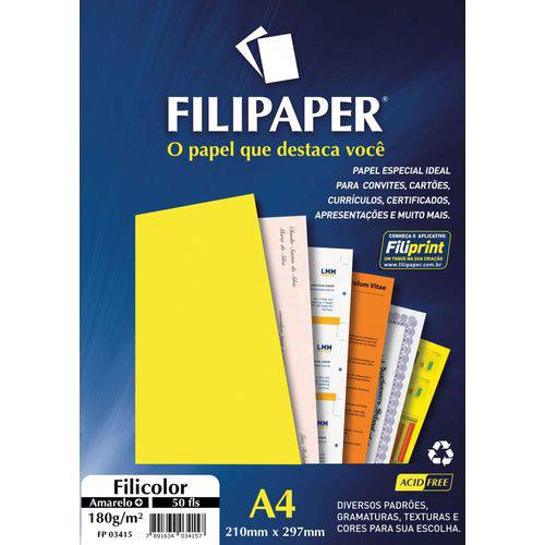 Papel A4 Color Filicolor Amarelo 180g. Filipaper Pct.c/50