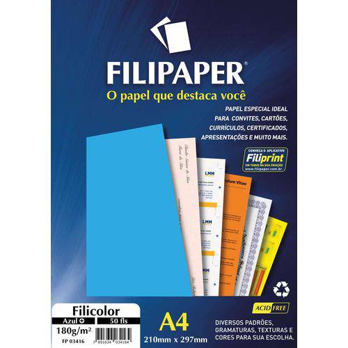 Papel A4 Color Filicolor Azul 180g. Filipaper Pct.c/50