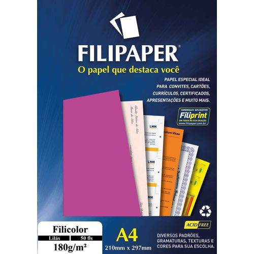 Papel A4 Color Filicolor Lilas 180g. Filipaper Pct.c/50