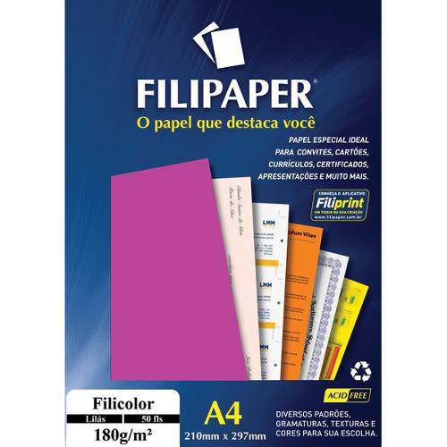 Papel A4 Color Filicolor Lilas 180g. Pct.C/50 Filipaper