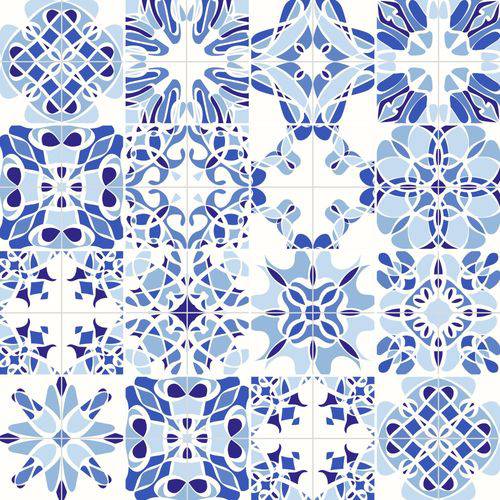 Papel de Parede Adesivo Vinilico Azulejo Azul com Branco Formas Geometricas