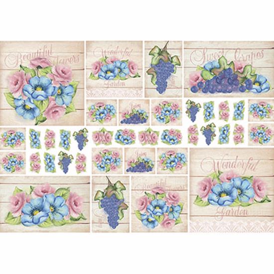 Papel Decoupage 34,3x49cm Rosas, Flores Azuis e Uvas com Fundo Madeira PD1-076 - Litoarte By Lili Negrão