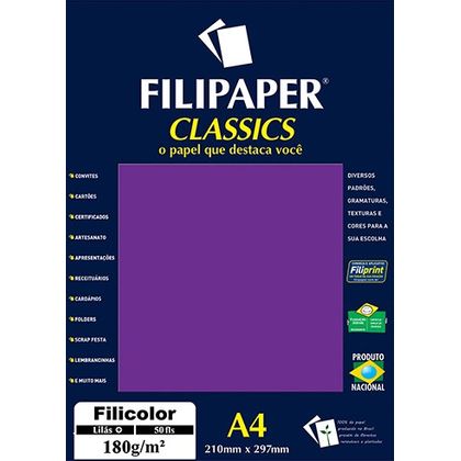 Papel Filicolor A4 180g com 50 Folhas Lilás Filipaper Filiperson