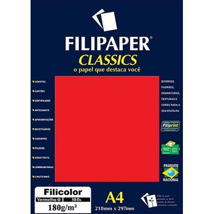 Papel Filicolor A4 180g com 50 Folhas Vermelho Filipaper Filiperson