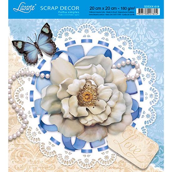 Papel Scrap Decor Folha Simples 20x20 Flor e Pérola SDSXX-019 - Litoarte