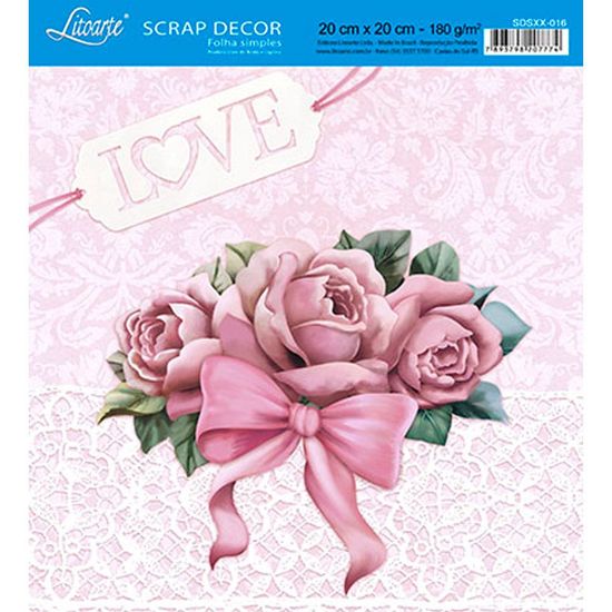 Papel Scrap Decor Folha Simples 20x20 Rosas com Laço Sdsxx-016 - Litoarte