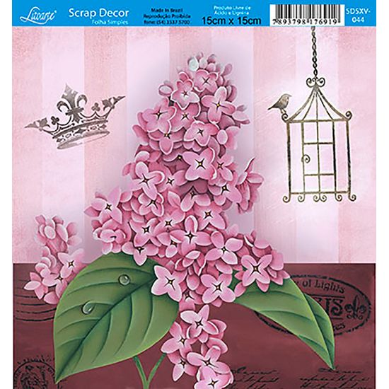 Papel Scrap Decor Folha Simples 15x15 Flores com Gaiola e Coroa SDSXV-044 - Litoarte