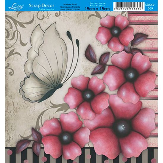 Papel Scrap Decor Folha Simples 15x15 Flores e Borboleta SDSXV-009 - Litoarte