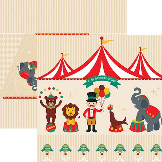 Papel Scrap Festa Dupla Face Circo Vintage Cenário e Bandeirolas SDF644 - Toke e Crie By Mariceli