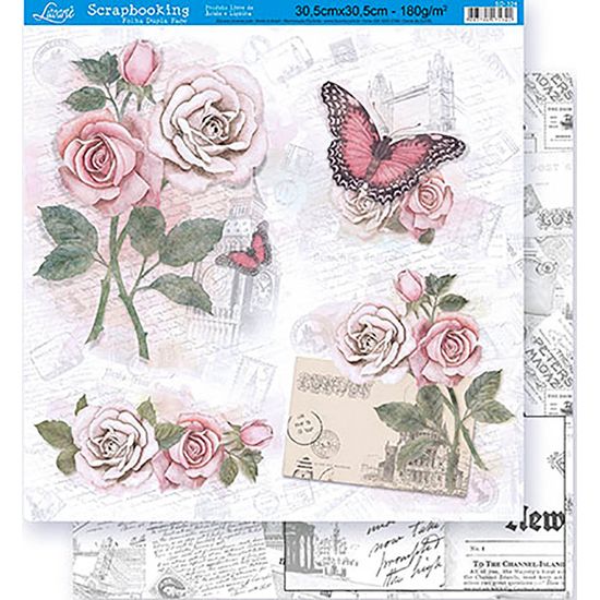 Papel Scrapbook Litoarte 30,5x30,5 SD-324 Rosas e Cartas Cinza