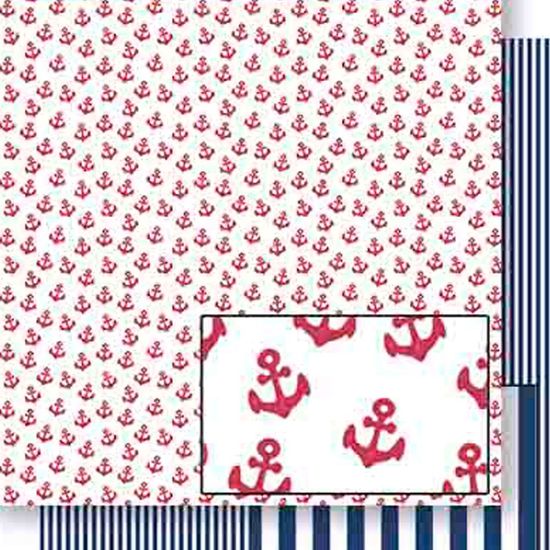 Papel Scrapbook Litoarte 30,5x30,5 SD-447 Âncoras Vermelha e Listras Azul
