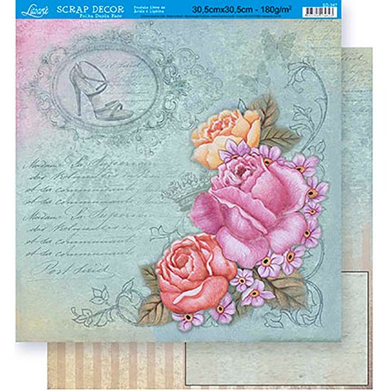 Papel Scrapbook Litoarte 30,5x30,5 SD-347 Rosas Cantoneiras Azul