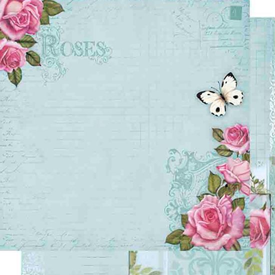 Papel Scrapbook Litoarte 30,5x30,5 SD-476 Rosas e Borboleta Azul