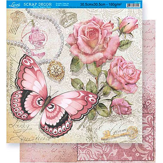 Papel Scrapbook Litoarte 30,5x30,5 SD-349 Borboletas e Rosas