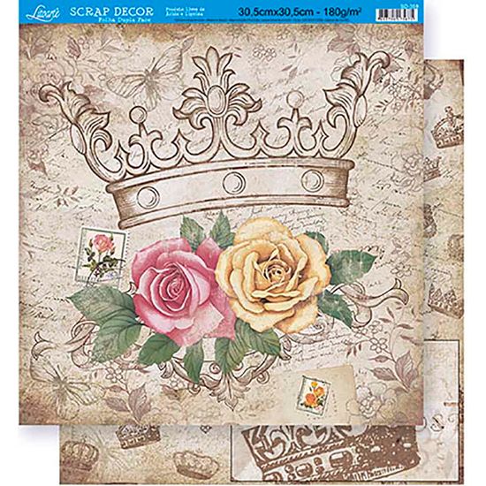 Papel Scrapbook Litoarte 30,5x30,5 SD-359 Rosas e Coroa Marrom