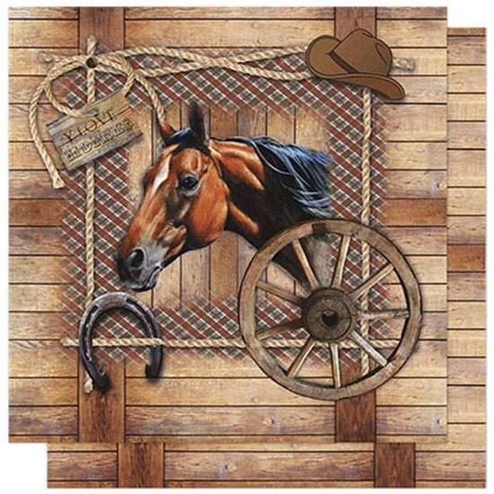 Papel Scrapbook Litoarte 30,5x30,5 SD-594 Cavalo com Ripado de Madeira