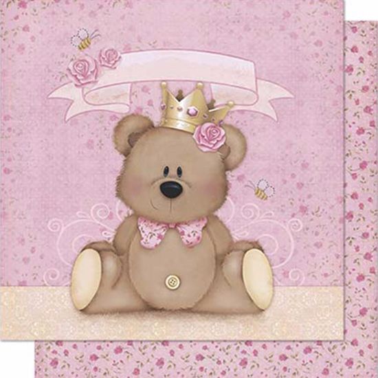 Papel Scrapbook Litoarte 30,5x30,5 SD-602 Urso Coroa Menina Rosa