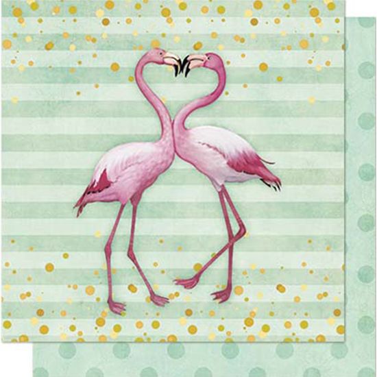 Papel Scrapbook Litoarte 30,5x30,5 SD-710 Flamingos com Listras e Poá Verde