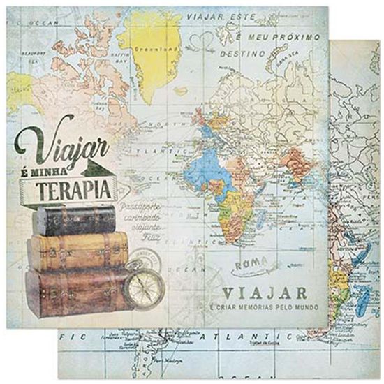 Papel Scrapbook Litoarte 30,5x30,5 SD-840 Mapa Mundi Viajar