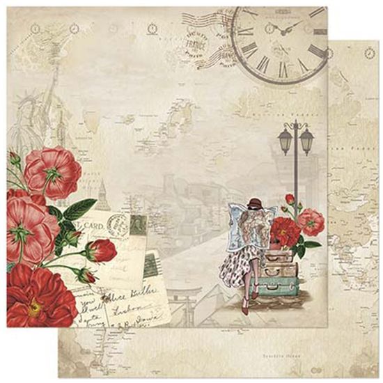 Papel Scrapbook Litoarte 30,5x30,5 SD-856 Moça Viajante e Flores Vermelhas